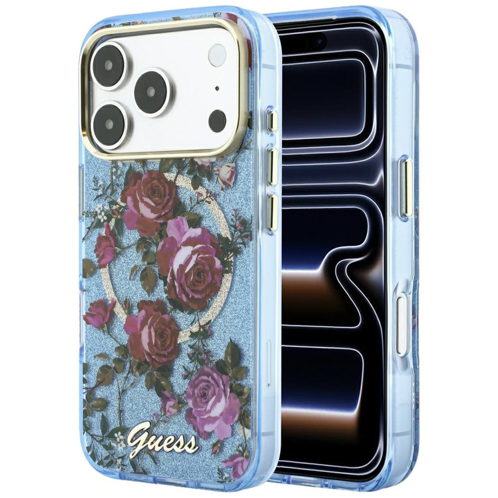 MagSafe-hoes voor Apple iPhone 18 Pro / 17 Pro, Guess, IML Glitter Blossom Roses, Blauw