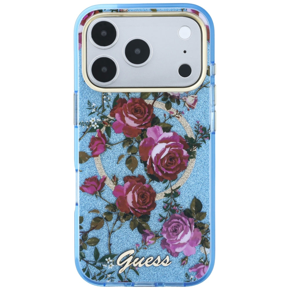 MagSafe-hoes voor Apple iPhone 18 Pro / 17 Pro, Guess, IML Glitter Blossom Roses, Blauw