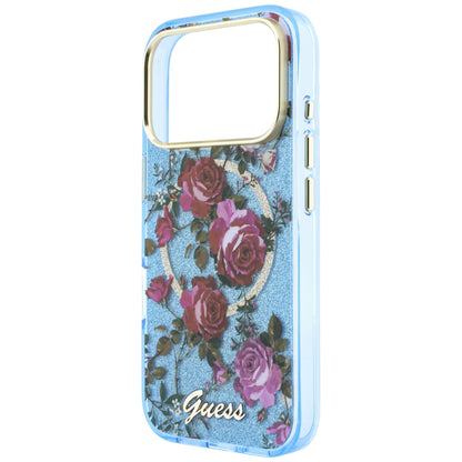MagSafe-hoes voor Apple iPhone 18 Pro / 17 Pro, Guess, IML Glitter Blossom Roses, Blauw