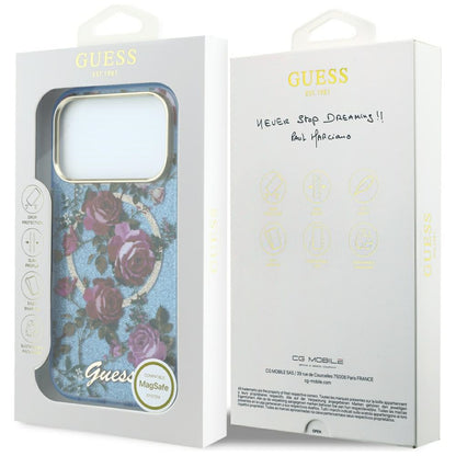 MagSafe-hoes voor Apple iPhone 18 Pro / 17 Pro, Guess, IML Glitter Blossom Roses, Blauw
