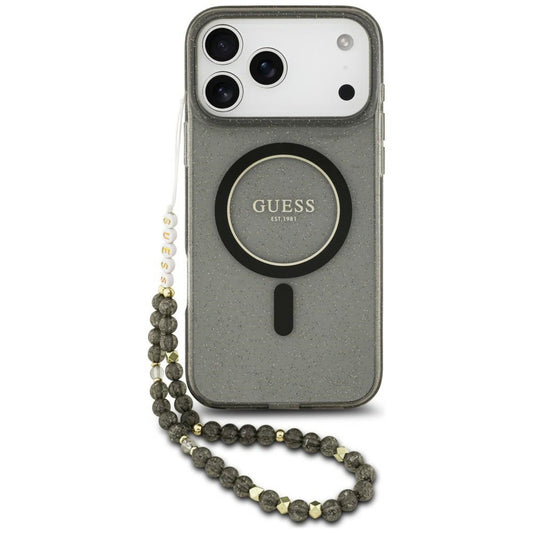 MagSafe-hoesje voor Apple iPhone 18 Pro / 17 Pro, Guess, IML Glitter with Pearl Strap, zwart