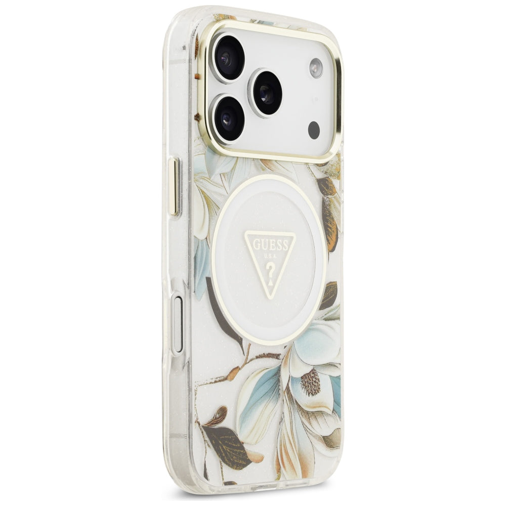 MagSafe Case for Apple iPhone 18 Pro / 17 Pro, Guess, IML Metal Glitter Flowers Triangle, White