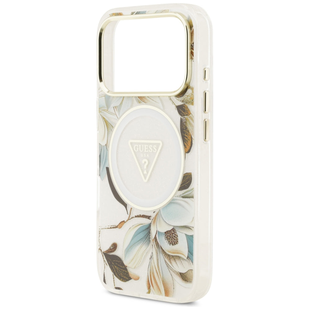 MagSafe Case for Apple iPhone 18 Pro / 17 Pro, Guess, IML Metal Glitter Flowers Triangle, White