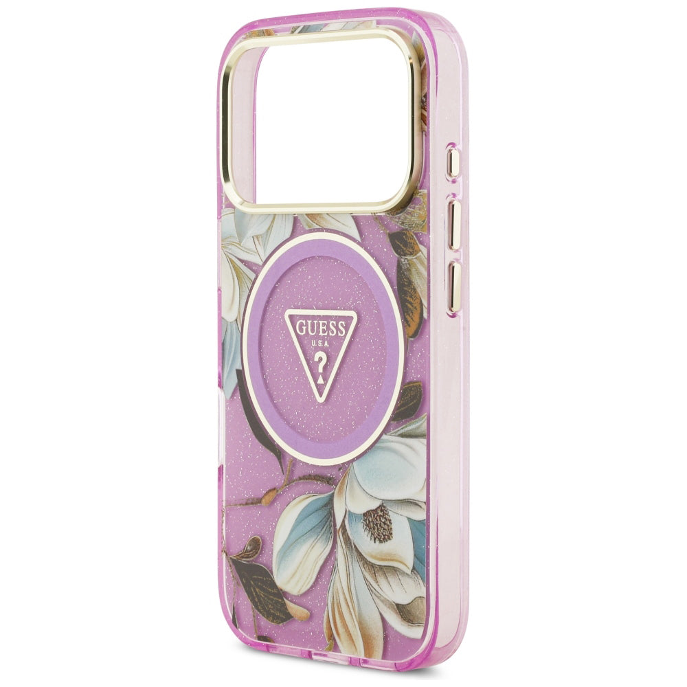 MagSafe Case for Apple iPhone 18 Pro / 17 Pro, Guess, IML Metal Glitter Flowers Triangle, Purple