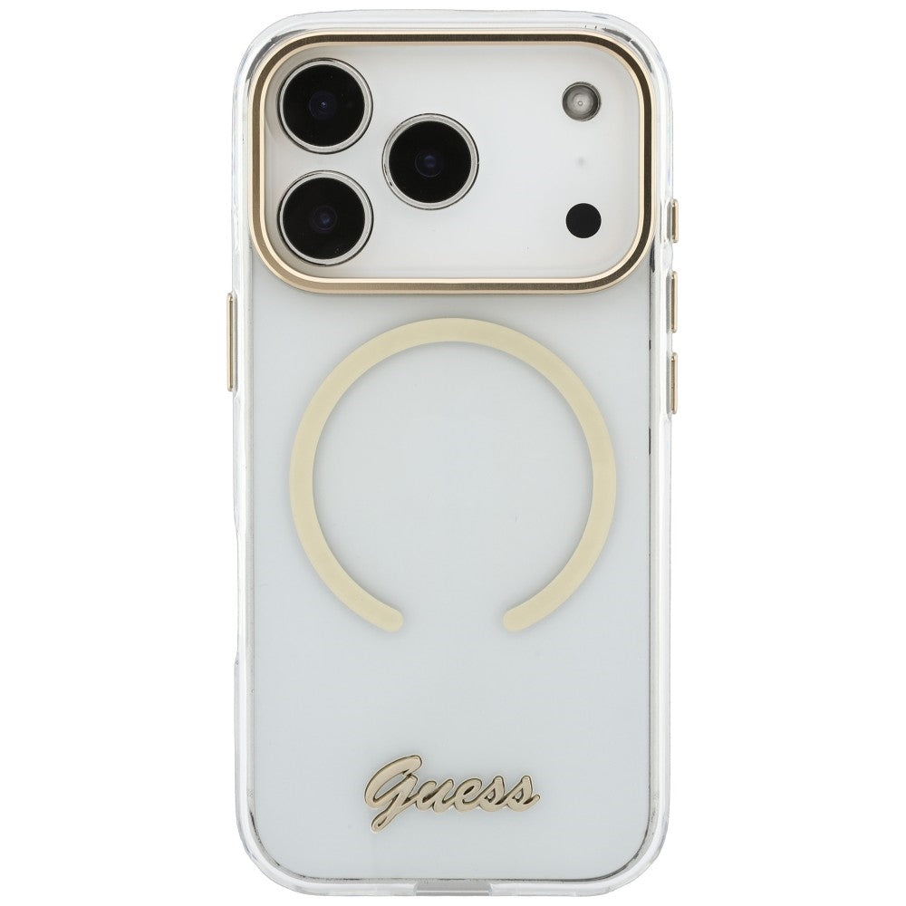 MagSafe-hoesje voor Apple iPhone 18 Pro / 17 Pro, Guess, IML Script Metal, transparant