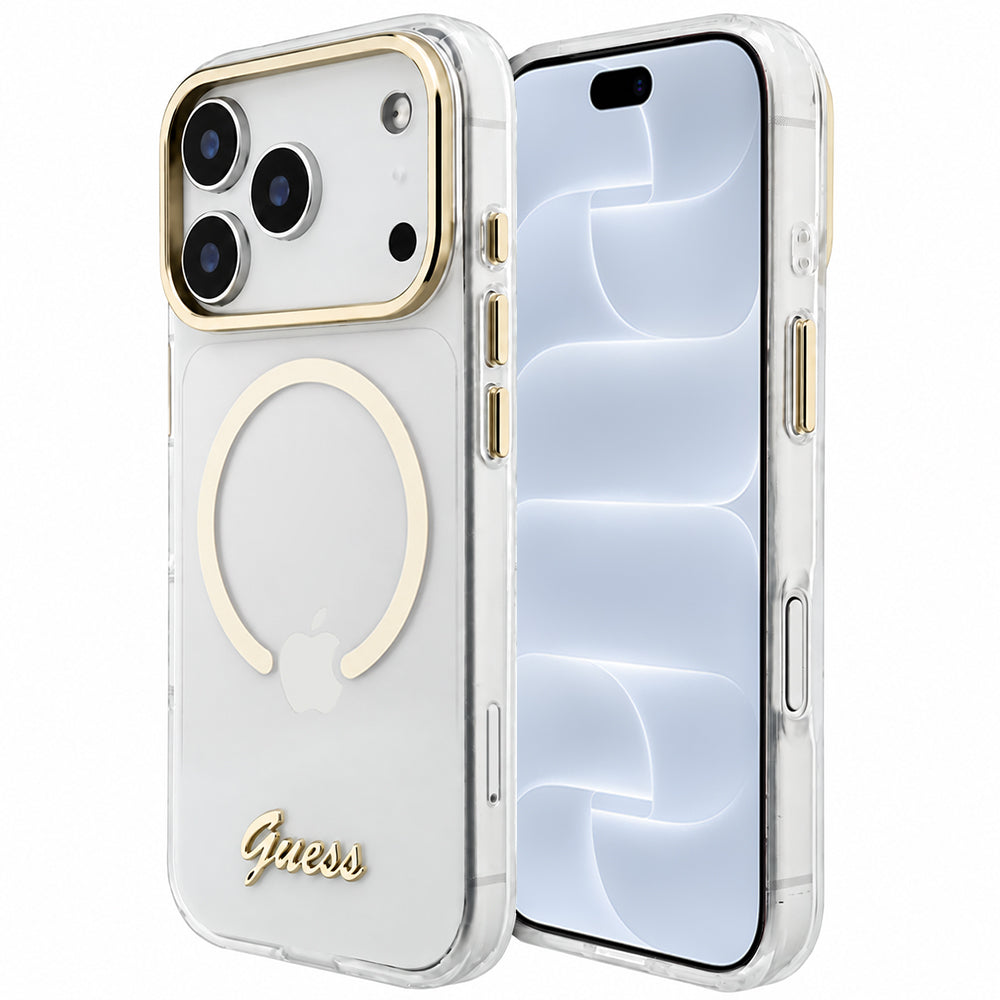 MagSafe-hoesje voor Apple iPhone 18 Pro / 17 Pro, Guess, IML Script Metal, transparant