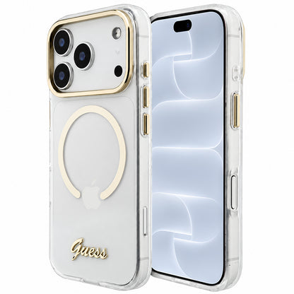 MagSafe-hoesje voor Apple iPhone 18 Pro / 17 Pro, Guess, IML Script Metal, transparant