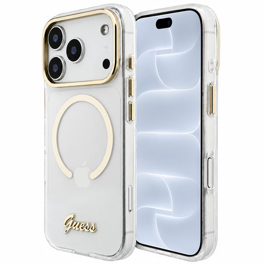 MagSafe Case for Apple iPhone 18 Pro / 17 Pro, Guess, IML Script Metal, Transparent