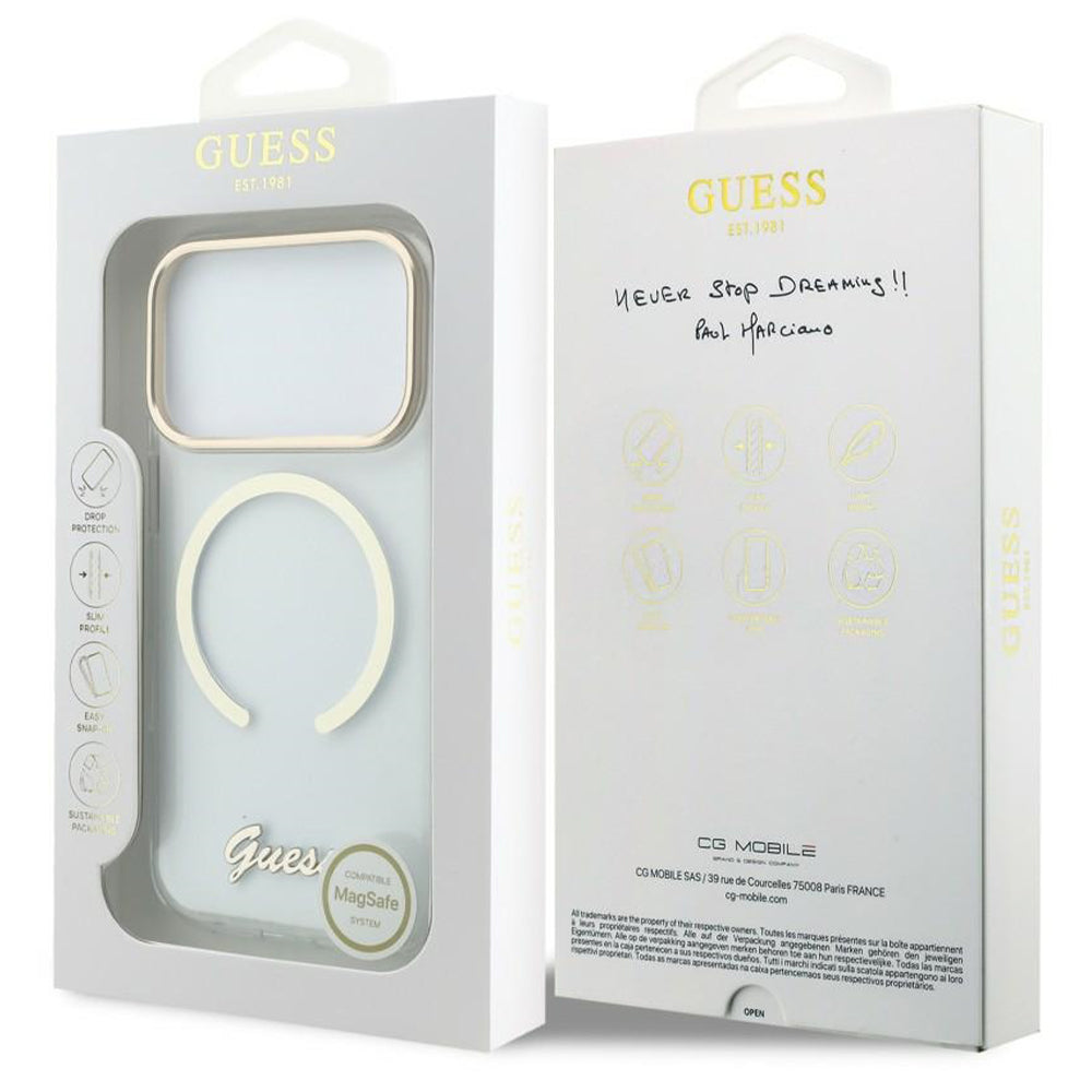 MagSafe-hoesje voor Apple iPhone 18 Pro / 17 Pro, Guess, IML Script Metal, transparant