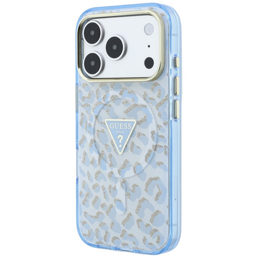 MagSafe-hoesje voor Apple iPhone 18 Pro / 17 Pro, Guess, Leopard Glitter Driehoek Logo, Blauw