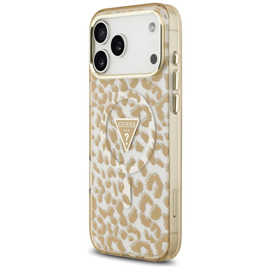 MagSafe-hoes voor Apple iPhone 18 Pro / 17 Pro, Guess, Leopard Glitter Driehoek Logo, Bruin