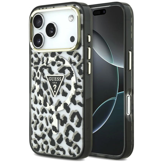 MagSafe-hoesje voor Apple iPhone 18 Pro / 17 Pro, Guess, Leopard Glitter Driehoek Logo, Zwart