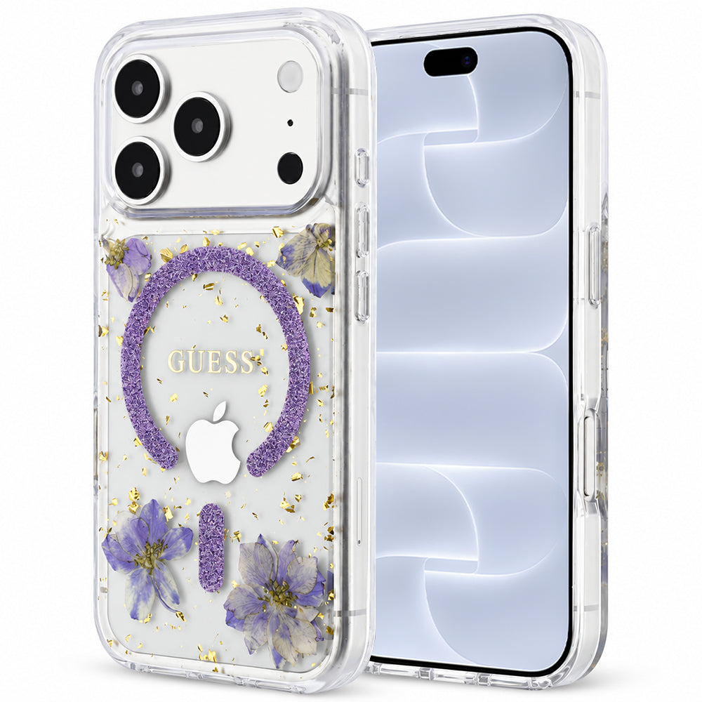 MagSafe-hoesje voor Apple iPhone 18 Pro / 17 Pro, Guess, Resin Flowers and Glitter, Paars