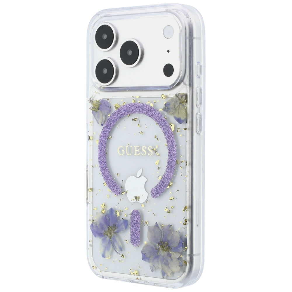 MagSafe-hoesje voor Apple iPhone 18 Pro / 17 Pro, Guess, Resin Flowers and Glitter, Paars