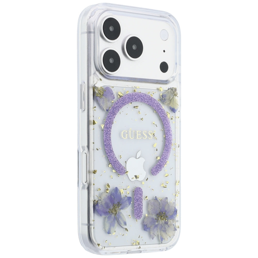 MagSafe-hoesje voor Apple iPhone 18 Pro / 17 Pro, Guess, Resin Flowers and Glitter, Paars