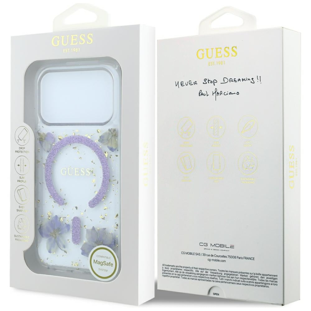 MagSafe-hoesje voor Apple iPhone 18 Pro / 17 Pro, Guess, Resin Flowers and Glitter, Paars