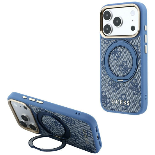 MagSafe-hoes voor Apple iPhone 18 Pro / 17 Pro, Guess, Ring Stand 360 4G Classic Logo, Blauw