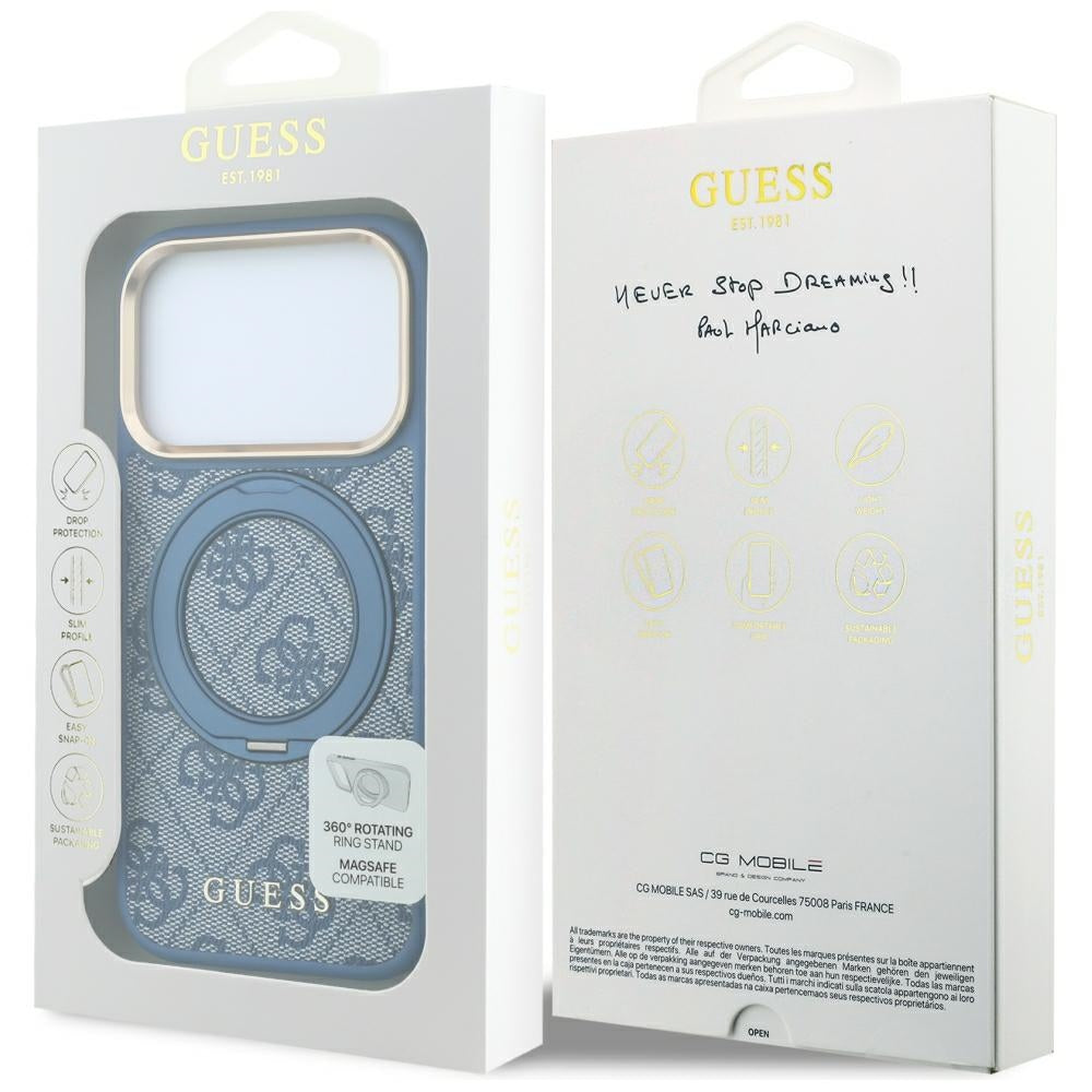 MagSafe-hoes voor Apple iPhone 18 Pro / 17 Pro, Guess, Ring Stand 360 4G Classic Logo, Blauw