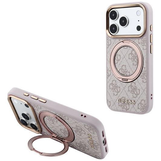 MagSafe-hoes voor Apple iPhone 18 Pro / 17 Pro, Guess, Ring Stand 360 4G Classic Logo, Roze