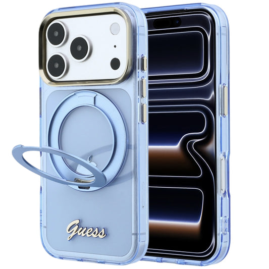 MagSafe-hoes voor Apple iPhone 18 Pro / 17 Pro, Guess, Ring Stand Script Metaallogo, Blauw