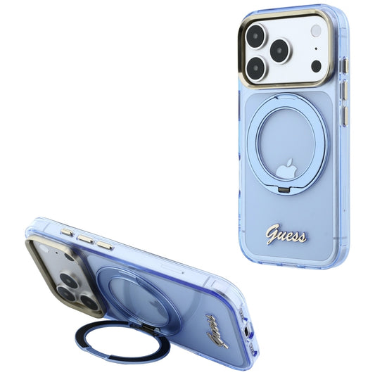MagSafe-hoes voor Apple iPhone 18 Pro / 17 Pro, Guess, Ring Stand Script Metaallogo, Blauw