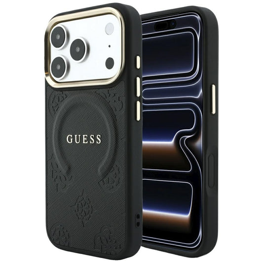 MagSafe-hoesje voor Apple iPhone 18 Pro / 17 Pro, Guess, Saffiano Peony Ring, Zwart