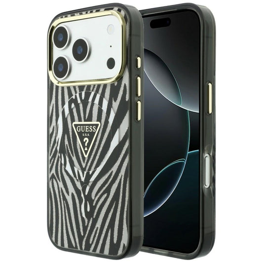 MagSafe-hoesje voor Apple iPhone 18 Pro / 17 Pro, Guess, Zebra Glitter Driehoek Logo, Zilver