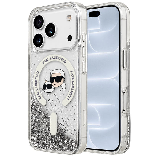 MagSafe-hoesje voor Apple iPhone 18 Pro / 17 Pro, Karl Lagerfeld, Liquid Glitter Karl & Choupette Head's, Transparant
