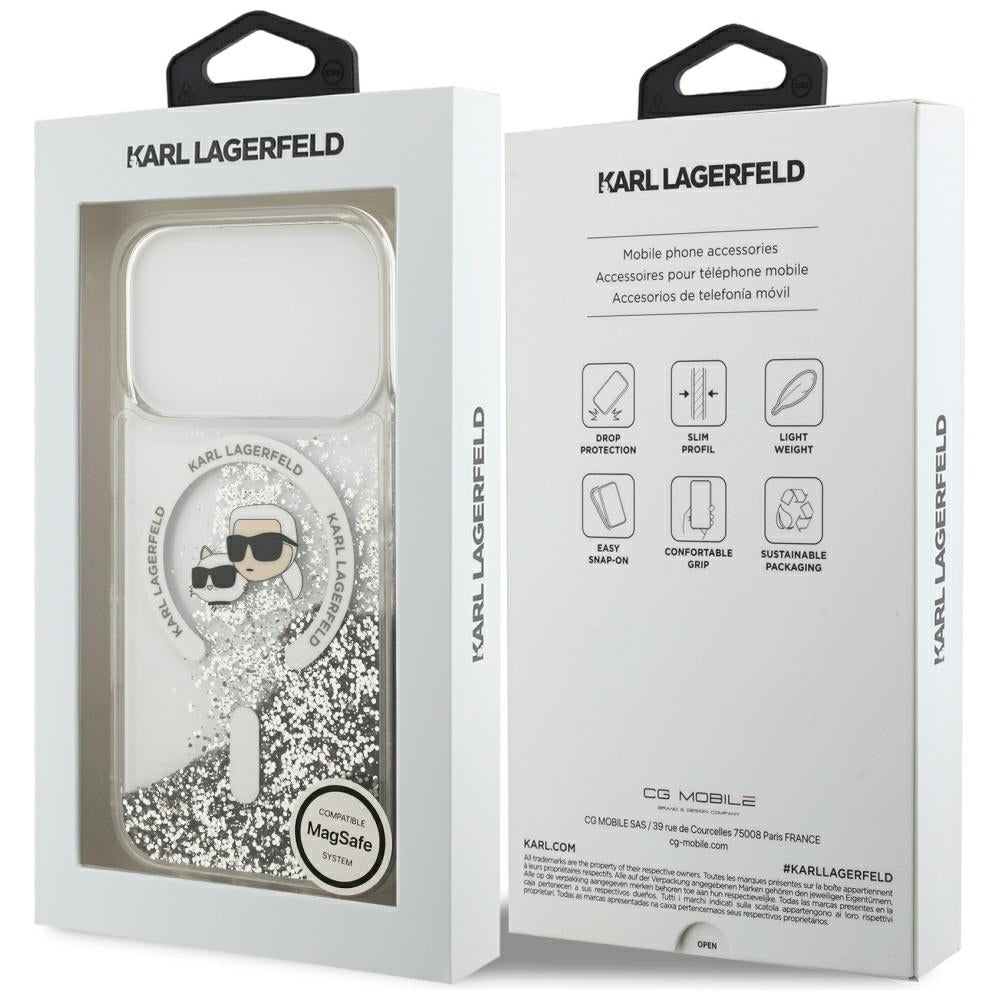 MagSafe-hoesje voor Apple iPhone 18 Pro / 17 Pro, Karl Lagerfeld, Liquid Glitter Karl & Choupette Head's, Transparant