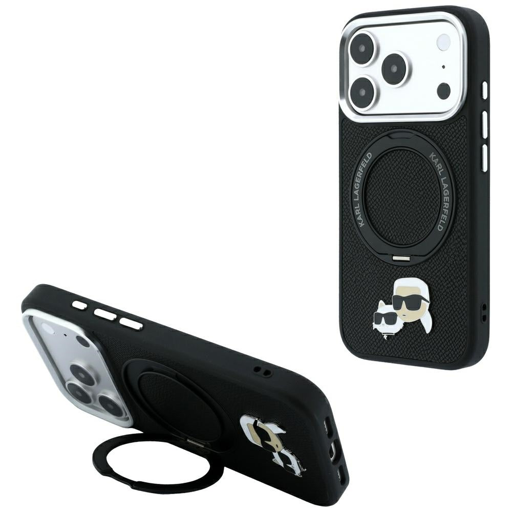 MagSafe-hoes voor Apple iPhone 18 Pro / 17 Pro, Karl Lagerfeld, Ring Stand 360 Karl & Choupette Pin, Zwart