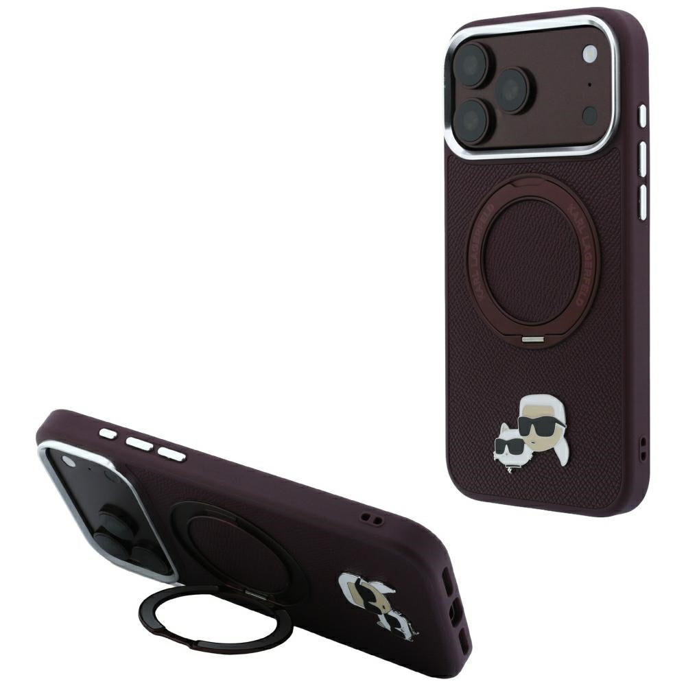 MagSafe-hoes voor Apple iPhone 18 Pro / 17 Pro, Karl Lagerfeld, Ring Stand 360 Karl & Choupette Pin, Wijnrood