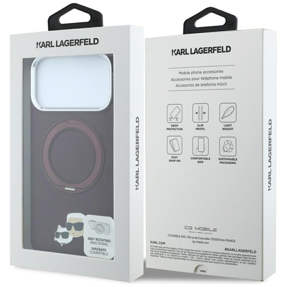 MagSafe-hoes voor Apple iPhone 18 Pro / 17 Pro, Karl Lagerfeld, Ring Stand 360 Karl & Choupette Pin, Wijnrood
