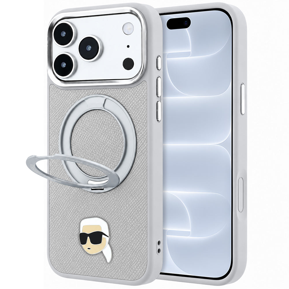 MagSafe-hoesje voor Apple iPhone 18 Pro / 17 Pro, Karl Lagerfeld, Ring Stand 360 Karl Pin, Grijs