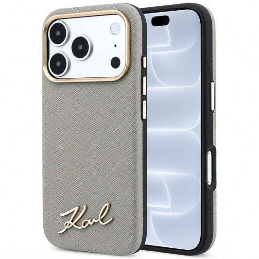 MagSafe-hoesje voor Apple iPhone 18 Pro / 17 Pro, Karl Lagerfeld, Saffiano Small Script Metal Logo, Grijs Beige