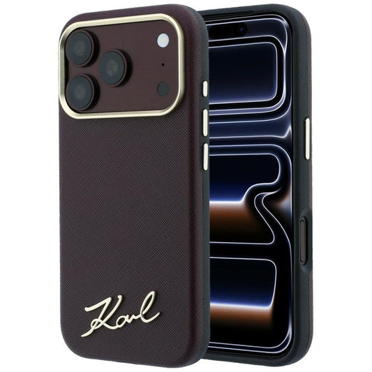 MagSafe-hoesje voor Apple iPhone 18 Pro / 17 Pro, Karl Lagerfeld, Saffiano Small Script Metal Logo, Bordeaux