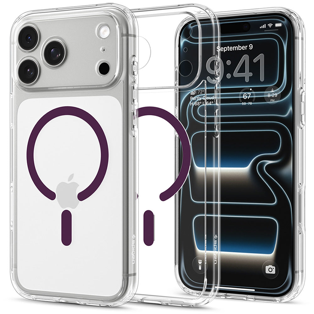 MagSafe-hoesje voor Apple iPhone 18 Pro / 17 Pro, Spigen, Ultra Hybrid, transparant bordeauxrood ACS12335