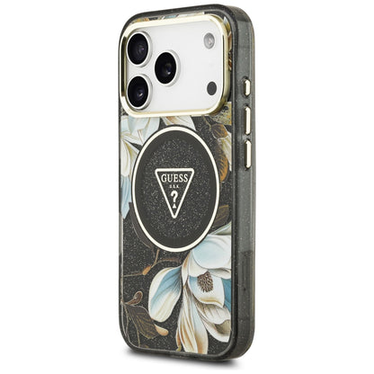 MagSafe-hoes voor Apple iPhone 18 Pro, Guess, IML Metal Glitter Flowers Triangle, Zwart