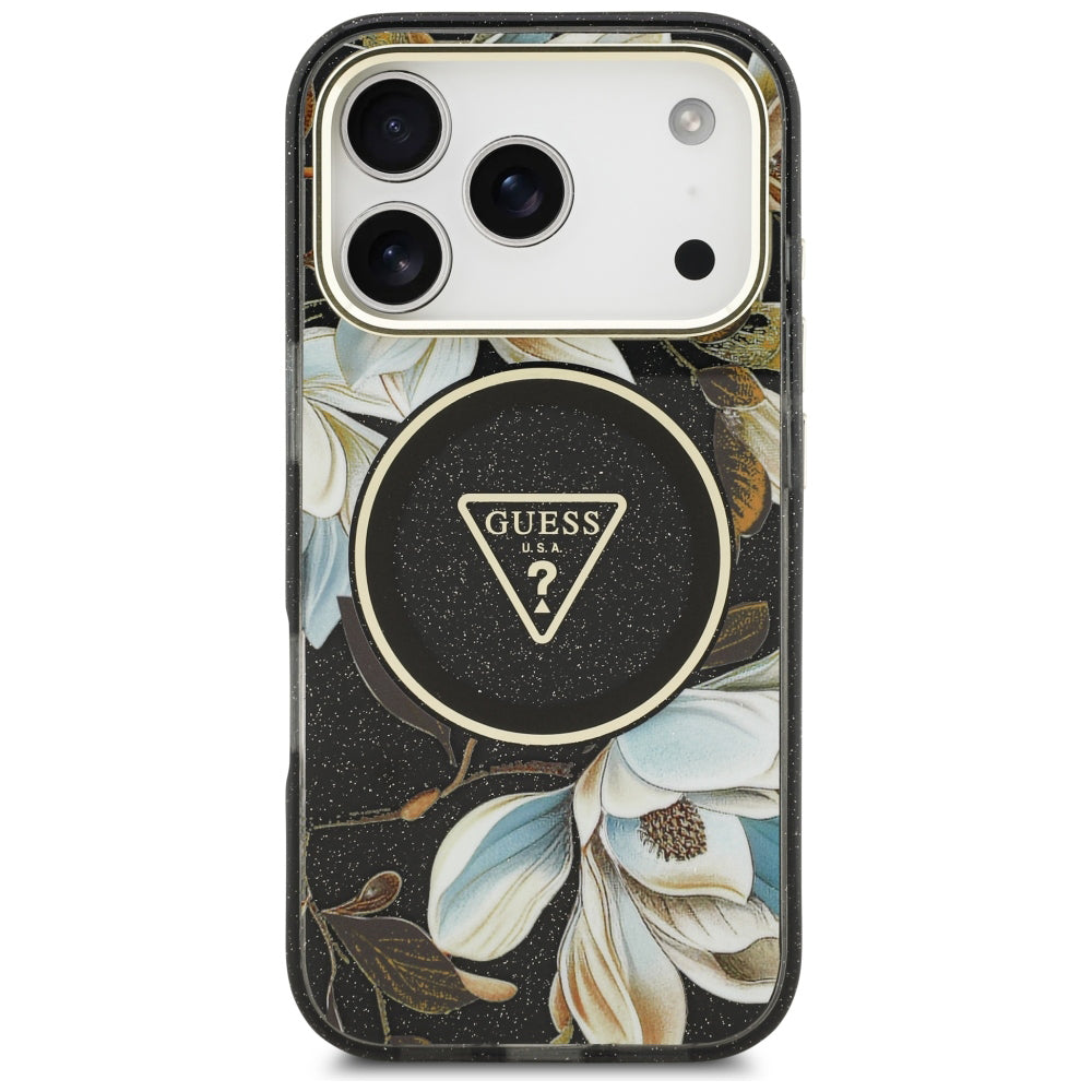 MagSafe-hoes voor Apple iPhone 18 Pro, Guess, IML Metal Glitter Flowers Triangle, Zwart