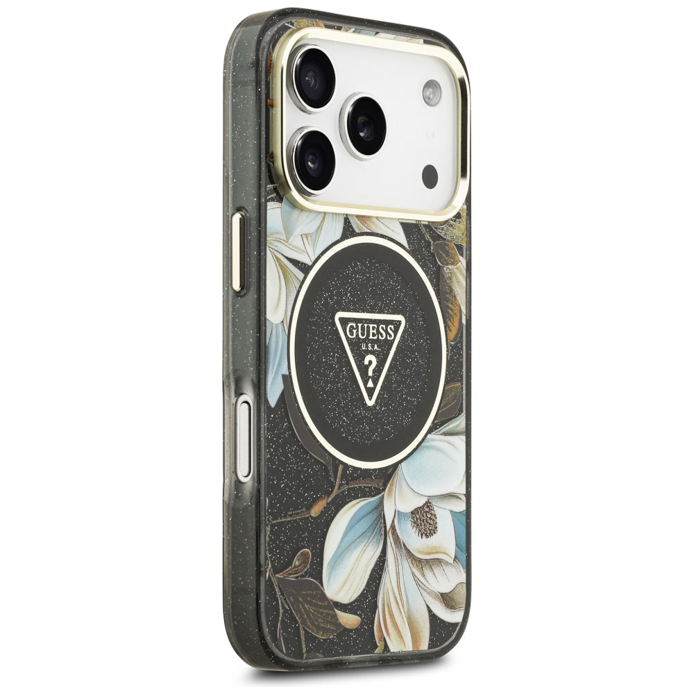 MagSafe-hoes voor Apple iPhone 18 Pro, Guess, IML Metal Glitter Flowers Triangle, Zwart