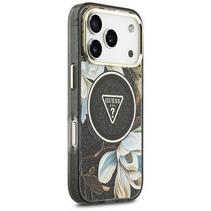 MagSafe-hoes voor Apple iPhone 18 Pro, Guess, IML Metal Glitter Flowers Triangle, Zwart