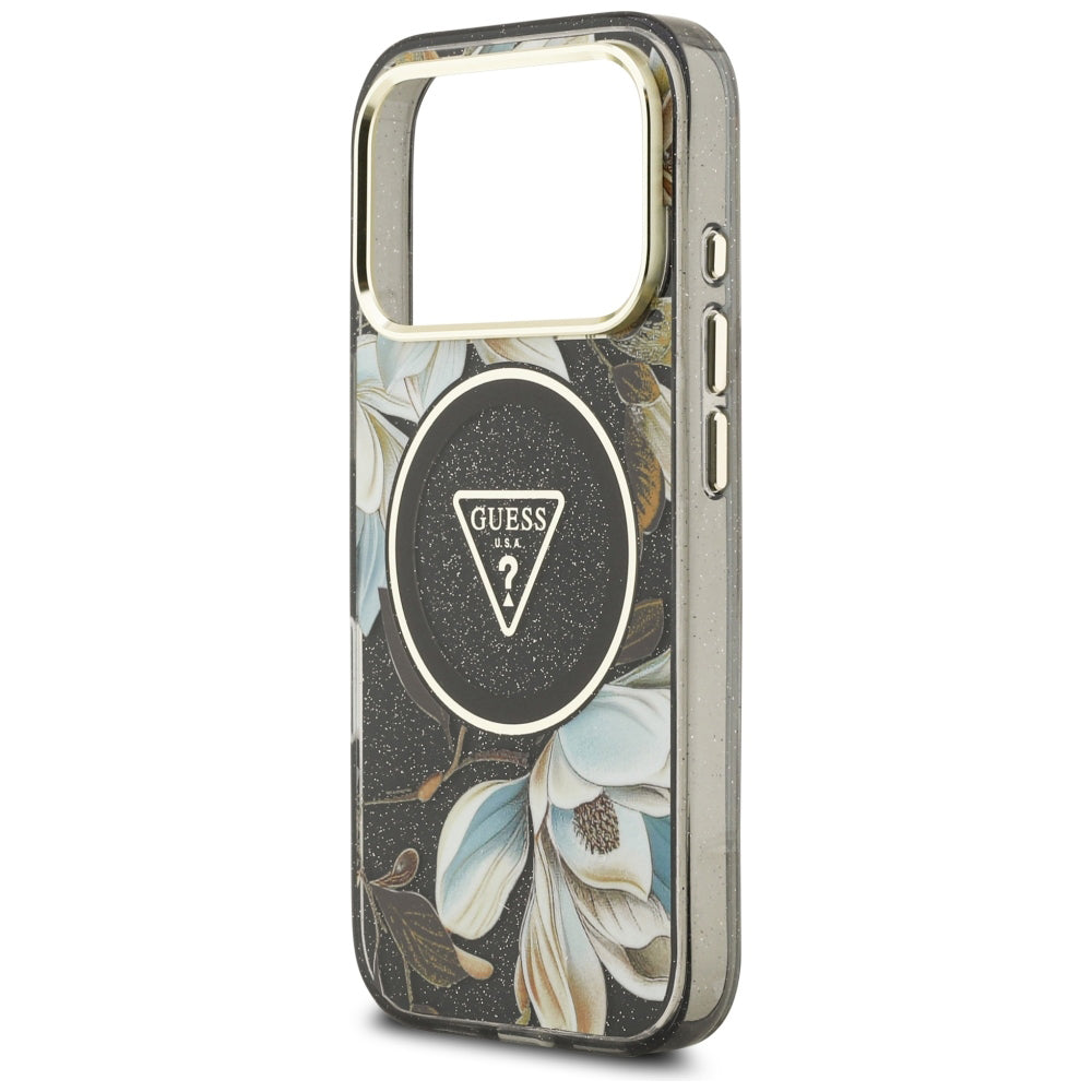 MagSafe-hoes voor Apple iPhone 18 Pro, Guess, IML Metal Glitter Flowers Triangle, Zwart