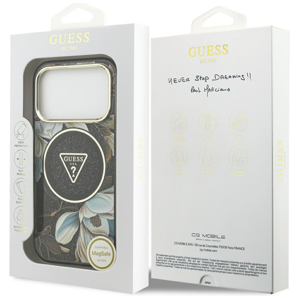 MagSafe-hoes voor Apple iPhone 18 Pro, Guess, IML Metal Glitter Flowers Triangle, Zwart