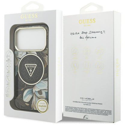 MagSafe-hoes voor Apple iPhone 18 Pro, Guess, IML Metal Glitter Flowers Triangle, Zwart