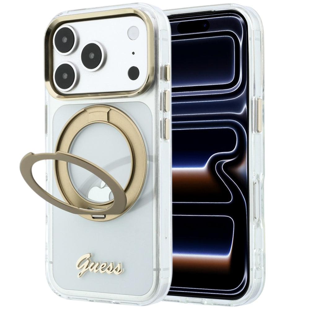 MagSafe-hoes voor Apple iPhone 18 Pro, Guess, Ring Stand Script Metaallogo, Transparant