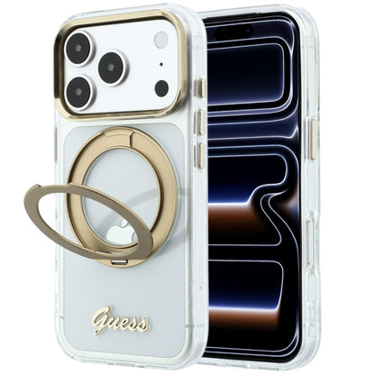 MagSafe-hoes voor Apple iPhone 18 Pro, Guess, Ring Stand Script Metaallogo, Transparant
