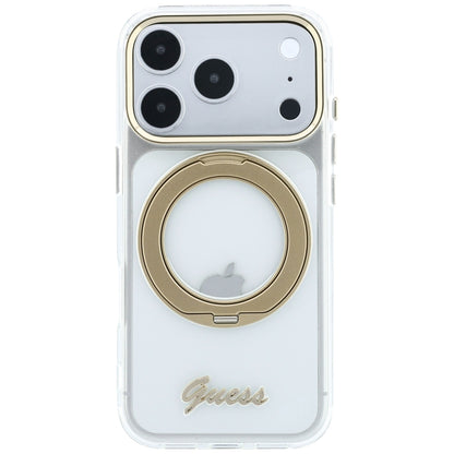 MagSafe-hoes voor Apple iPhone 18 Pro, Guess, Ring Stand Script Metaallogo, Transparant