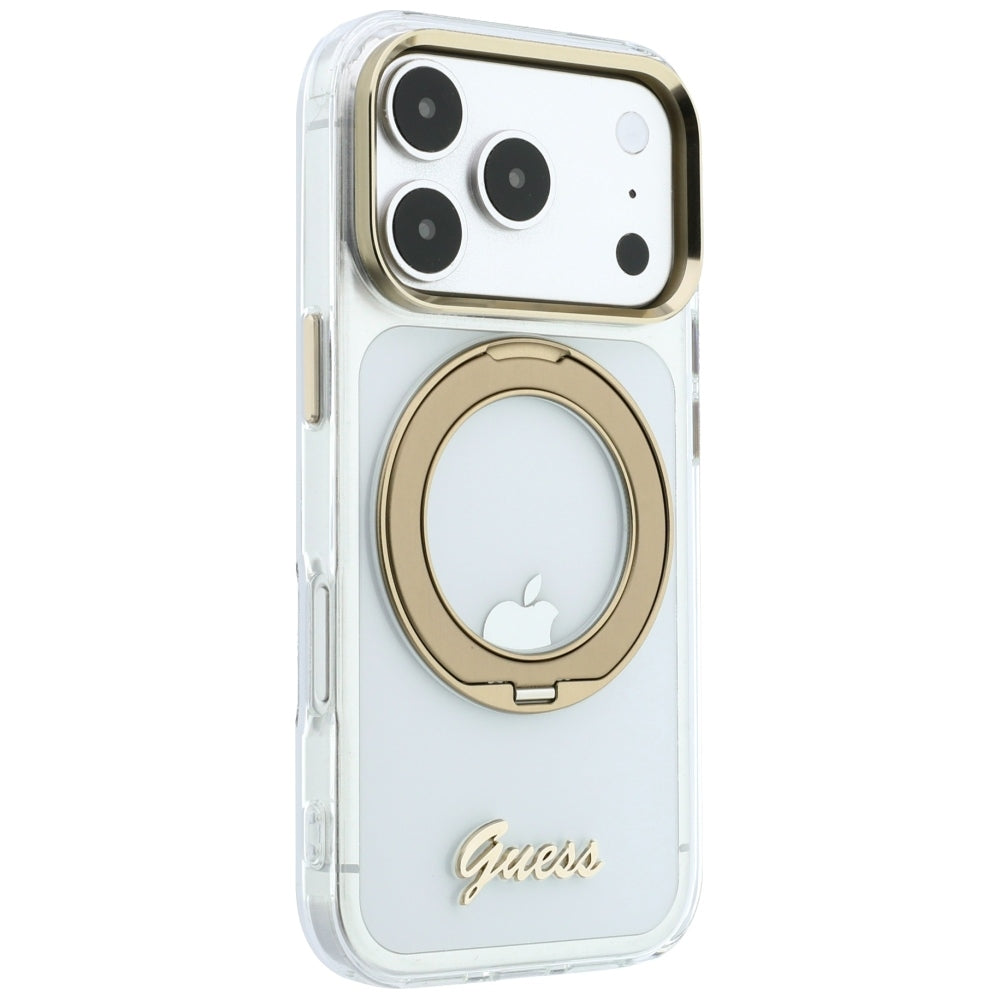 MagSafe-hoes voor Apple iPhone 18 Pro, Guess, Ring Stand Script Metaallogo, Transparant