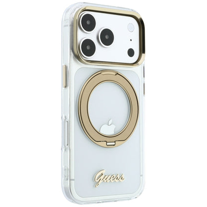 MagSafe-hoes voor Apple iPhone 18 Pro, Guess, Ring Stand Script Metaallogo, Transparant