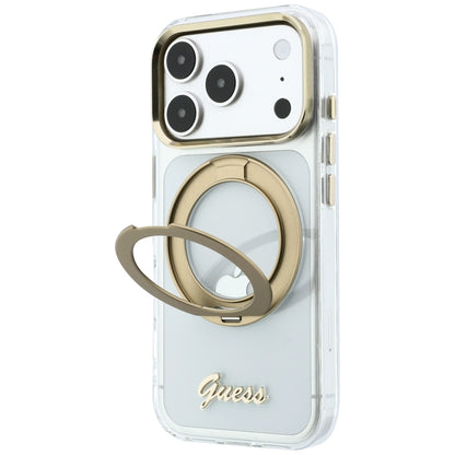 MagSafe-hoes voor Apple iPhone 18 Pro, Guess, Ring Stand Script Metaallogo, Transparant