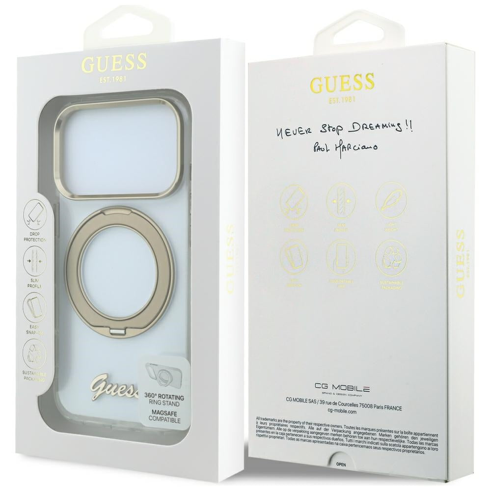 MagSafe-hoes voor Apple iPhone 18 Pro, Guess, Ring Stand Script Metaallogo, Transparant